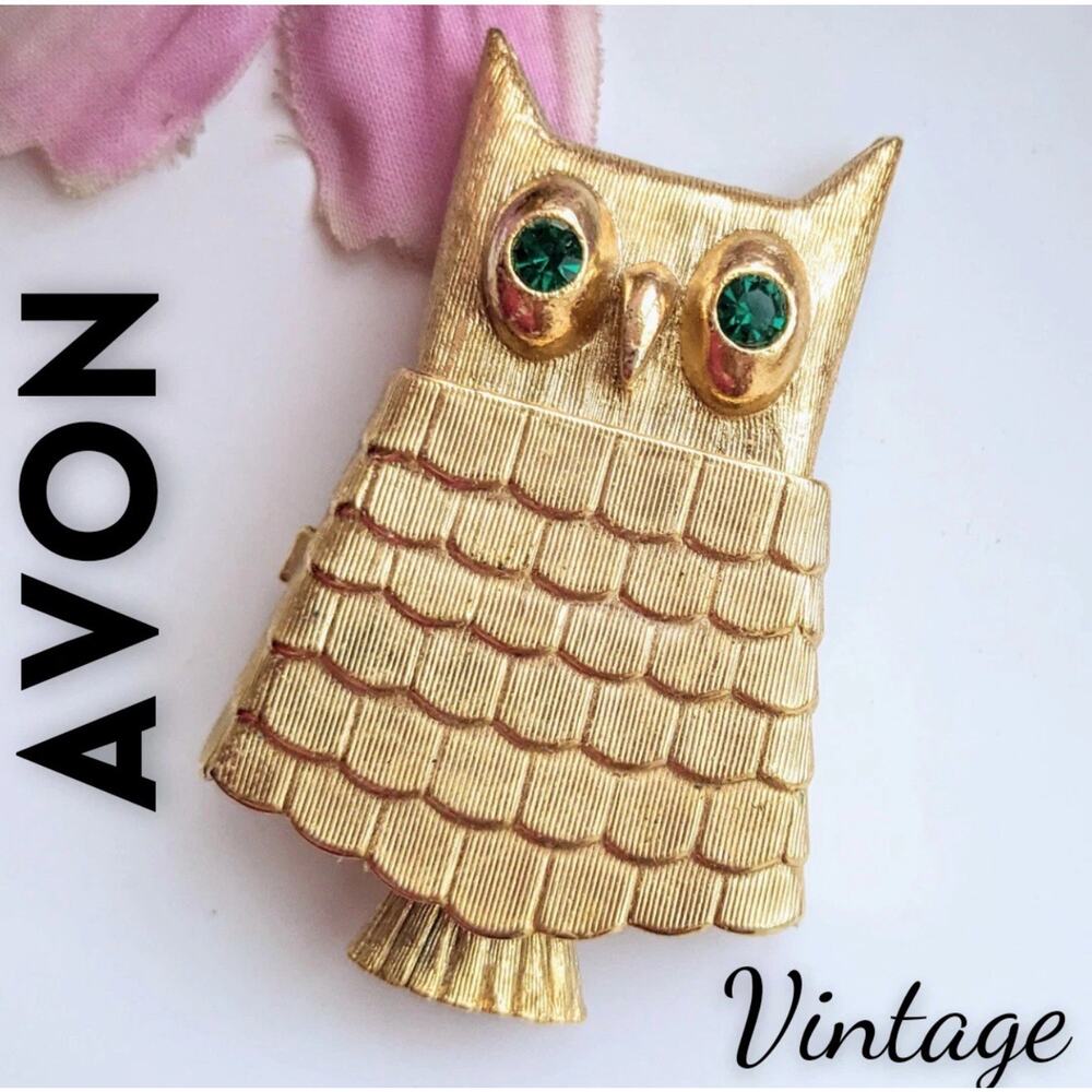 Avon 1960s Owl Solid Perfume Diffuser Gold Tone Brooch Pin Vintage